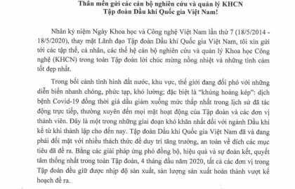 Thư chúc mừng nhân ngày khoa học và Công nghệ Việt Nam năm 2020 